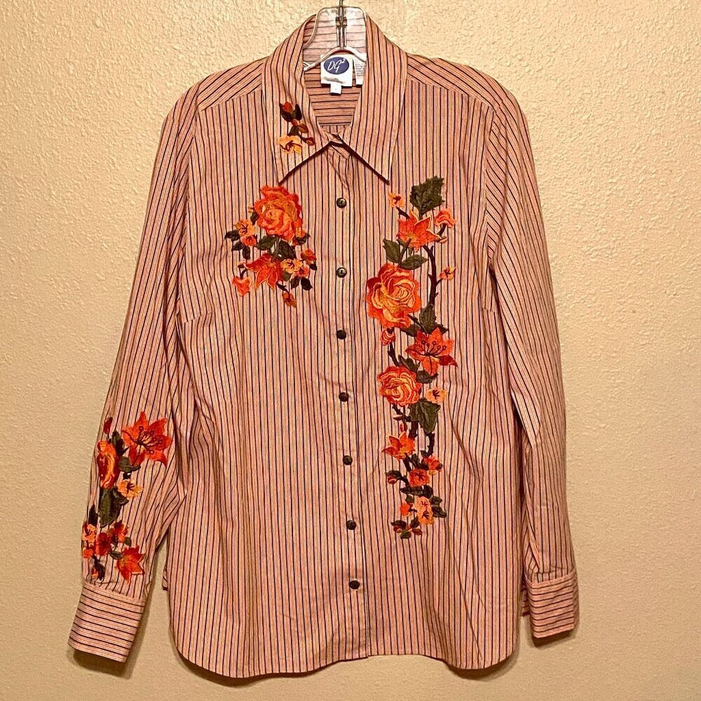 DG2 by Diane Gilman Women's Striped Long-sleeve Floral Applique Size (L)